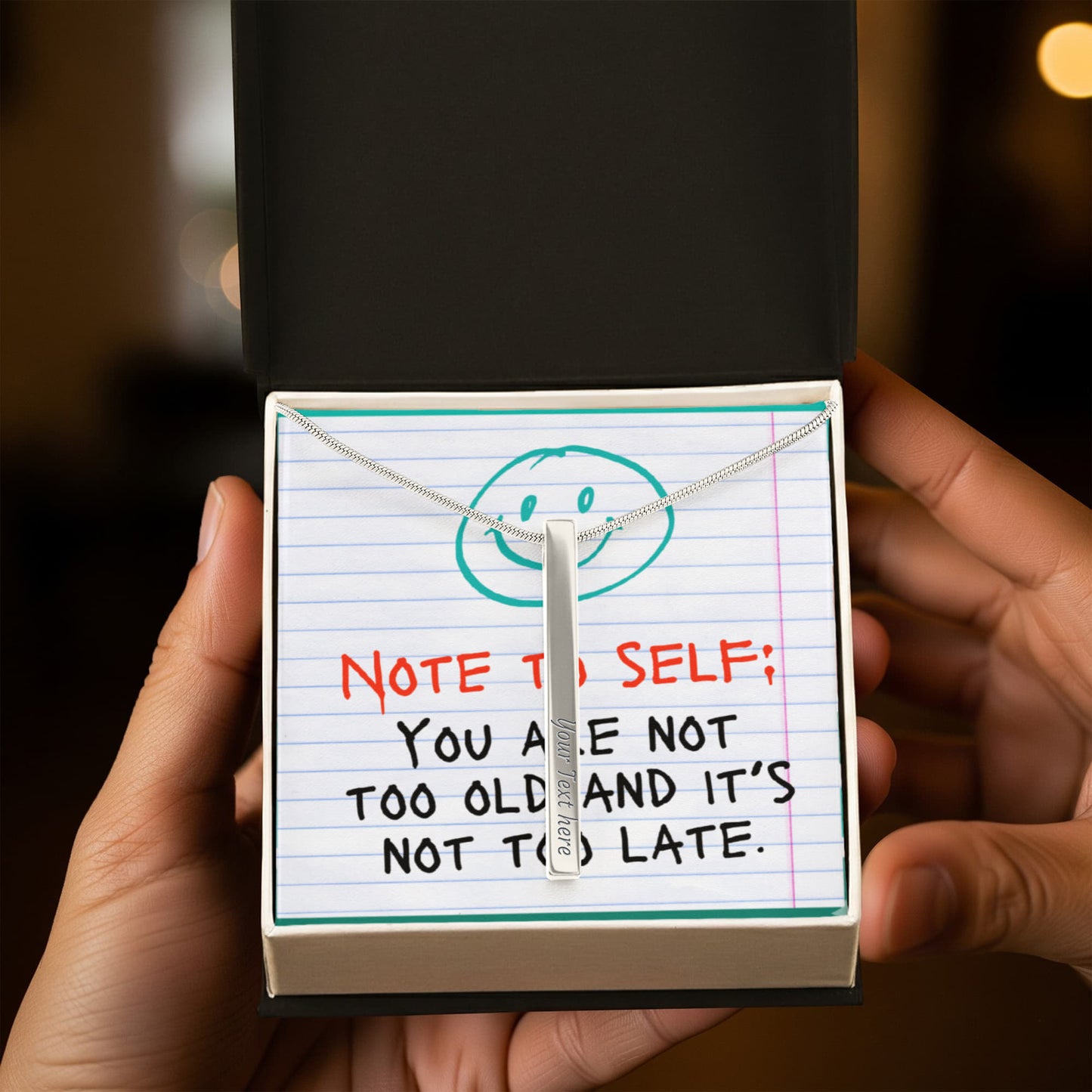 “Not Too Old, Not Too Late” – Engraved Stick Necklace