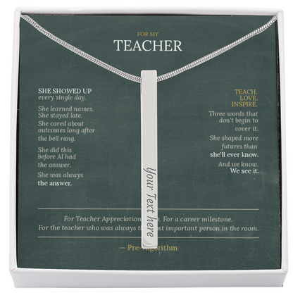 Teacher Appreciation Gift for Her | Teach. Love. Inspire. | Engraved 4-Sided Stick Necklace with Message Card