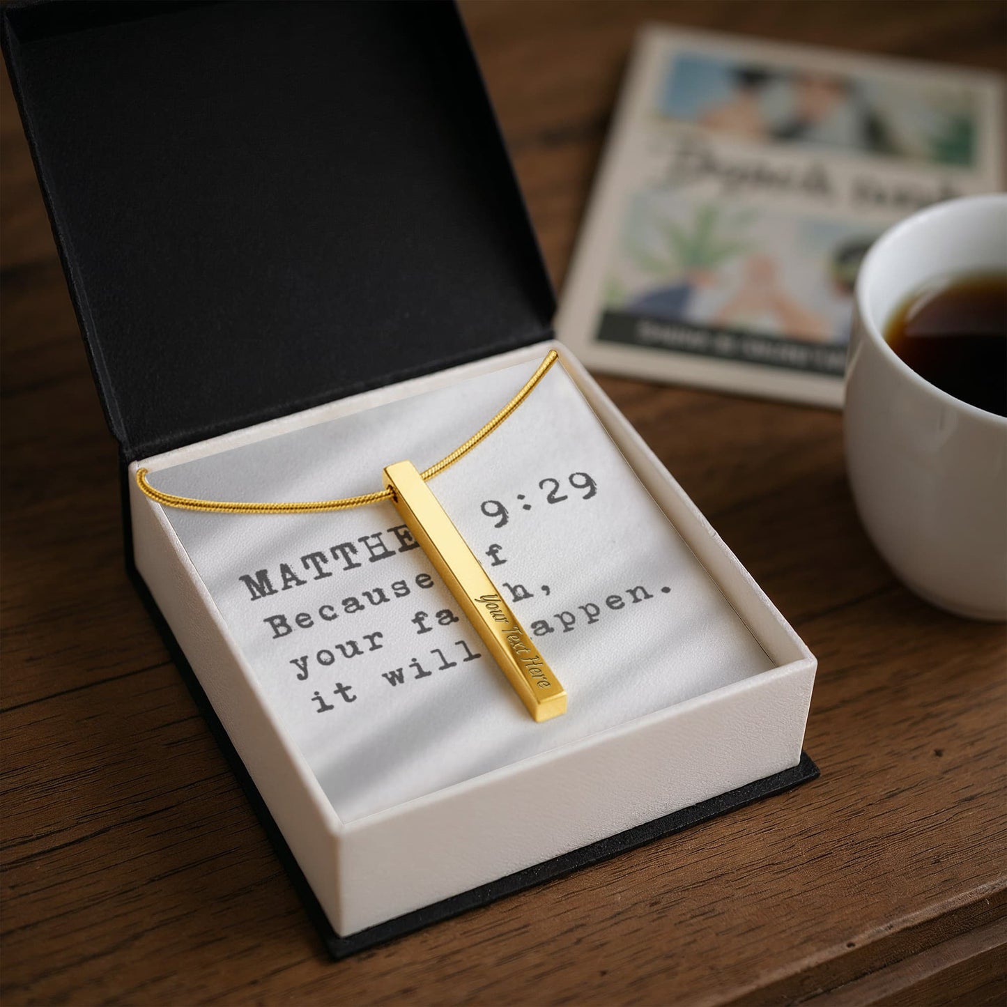 “Because of Your Faith” – Matthew 9:29 Engraved Stick Necklace