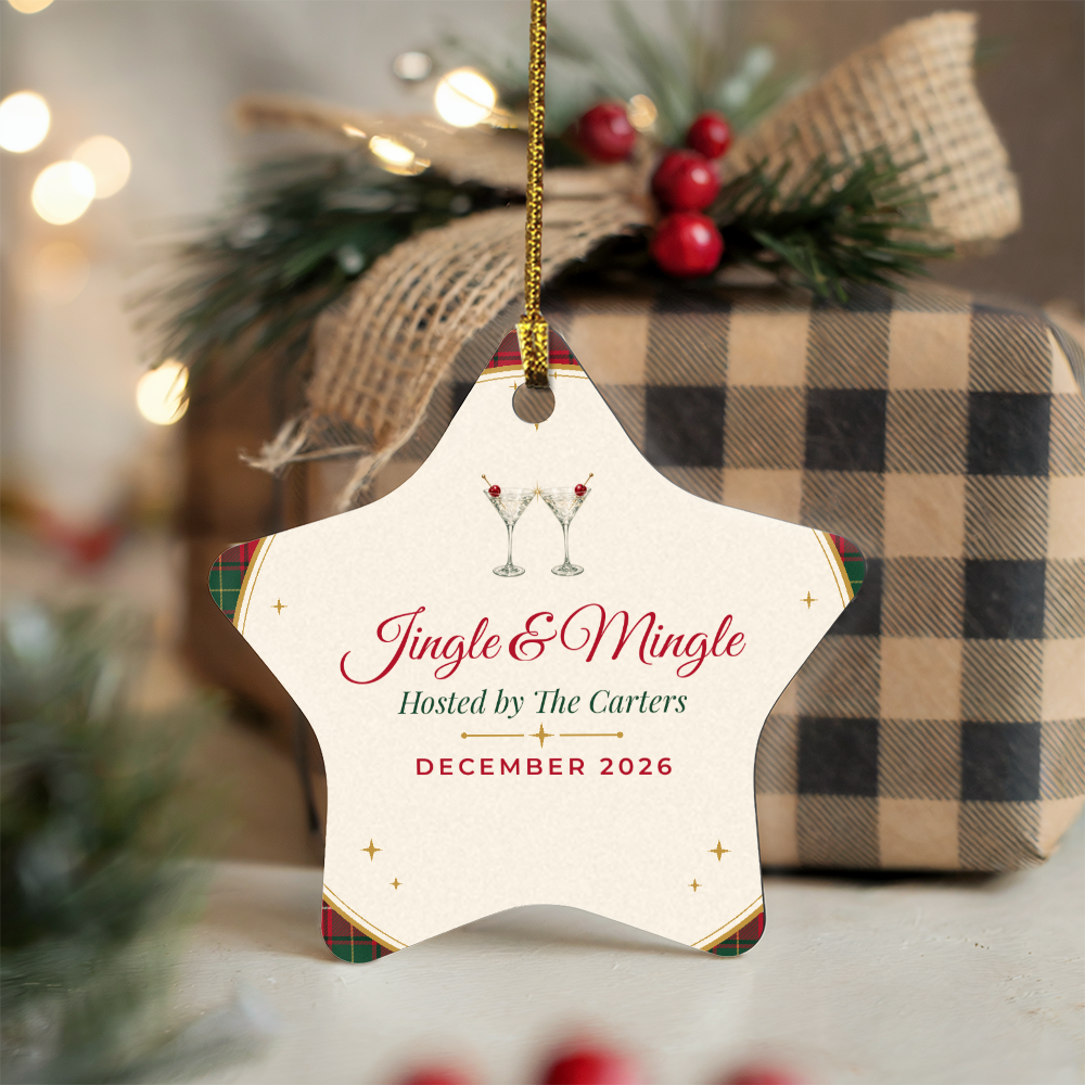 Jingle & Mingle star ornament in front of a plaid wrapped gift with burlap bow and red berries