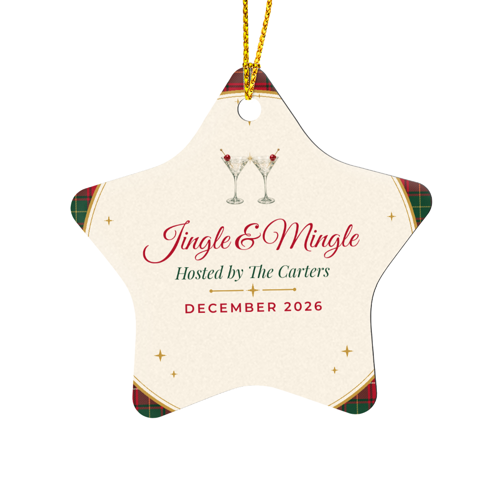 Jingle & Mingle Christmas party star keepsake ornament with martini glasses and red and green plaid tips, high gloss with gold cord