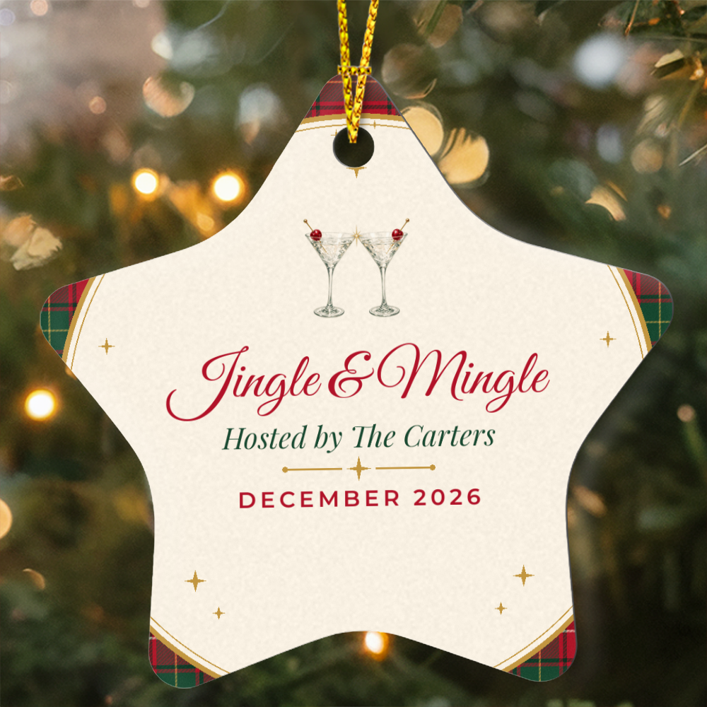 Jingle & Mingle Christmas party star ornament against warm twinkling tree lights