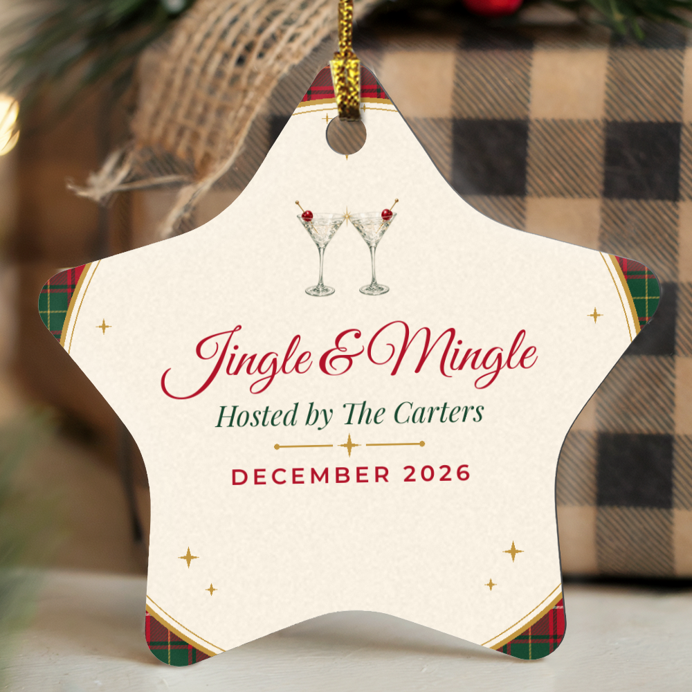 Jingle & Mingle high gloss star ornament close-up with a buffalo check gift box behind it