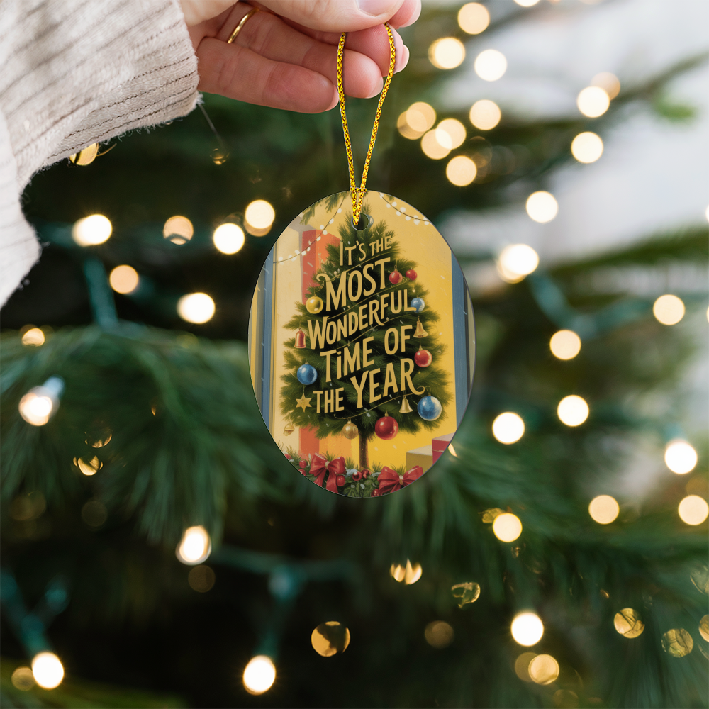 Gift-ready Christmas ornament packaged with ribbon and gold string