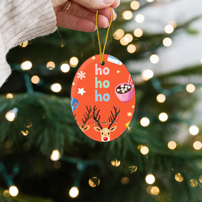 Ho Ho Ho Reindeer Christmas Ornament | Cute Rudolph & Cocoa High Gloss Oval Ornament