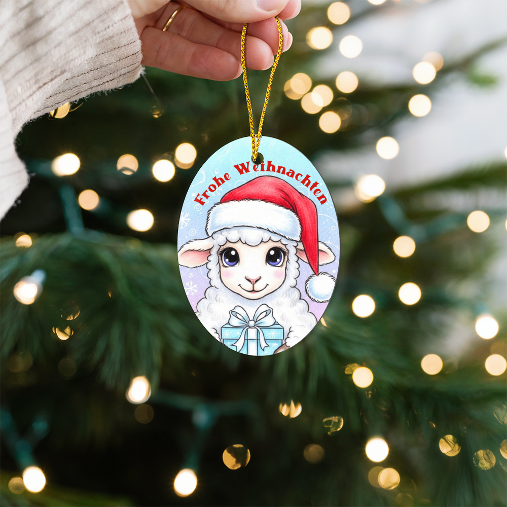 Lamb Christmas ornament with present and Santa hat