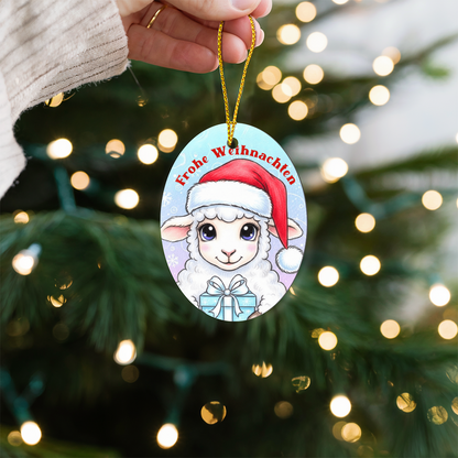 Lamb Christmas ornament with present and Santa hat