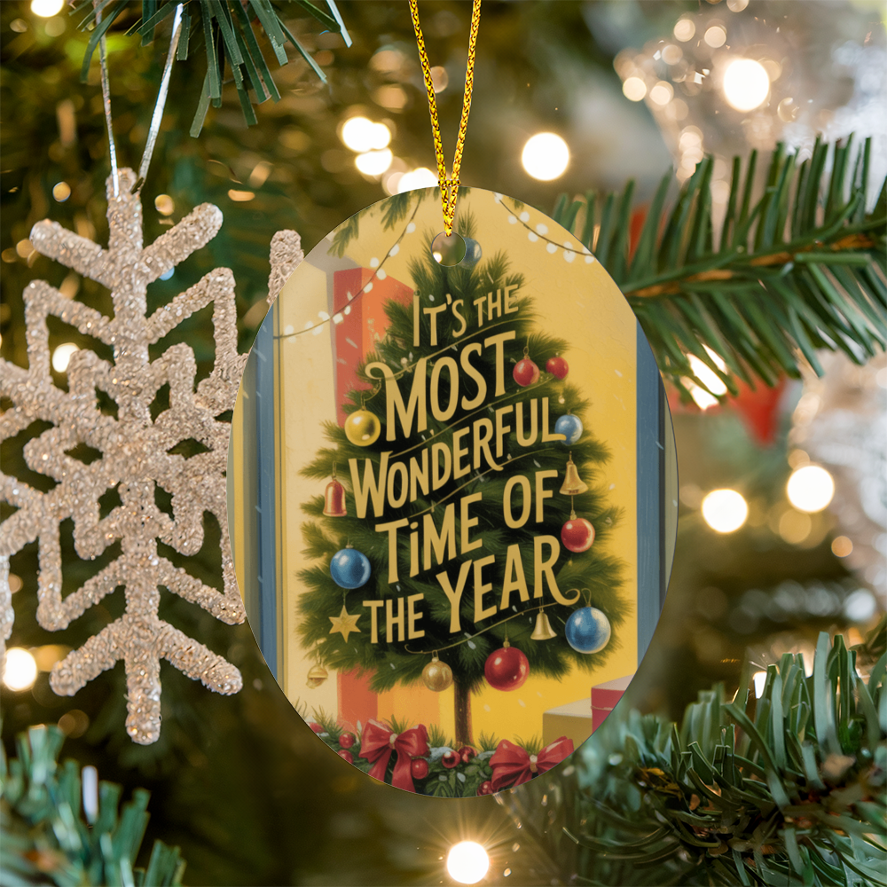 Holiday tree décor featuring white and red high-gloss oval ornament