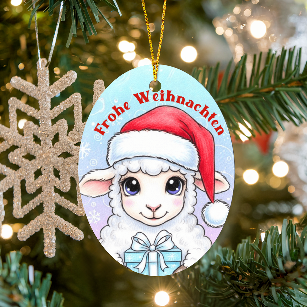 Glossy Frohe Weihnachten ornament hanging on tree