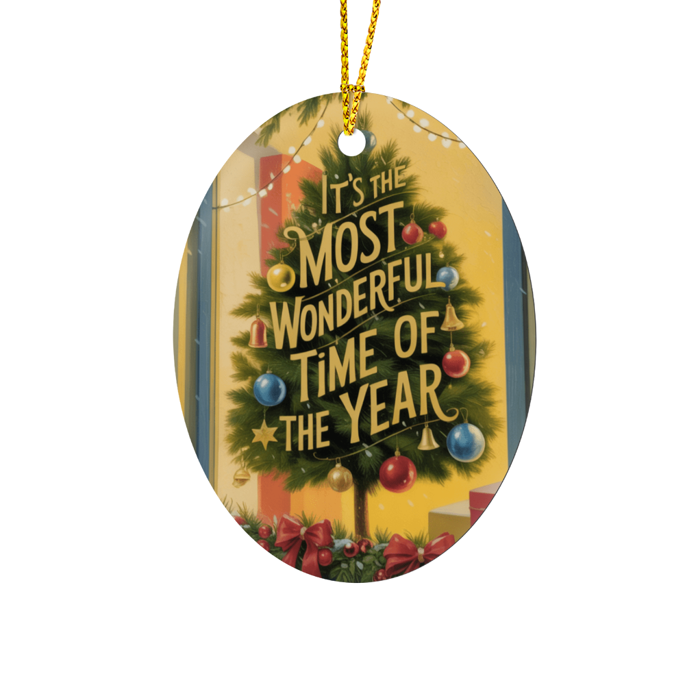 “It’s the Most Wonderful Time of the Year” Christmas ornament hanging on decorated tree