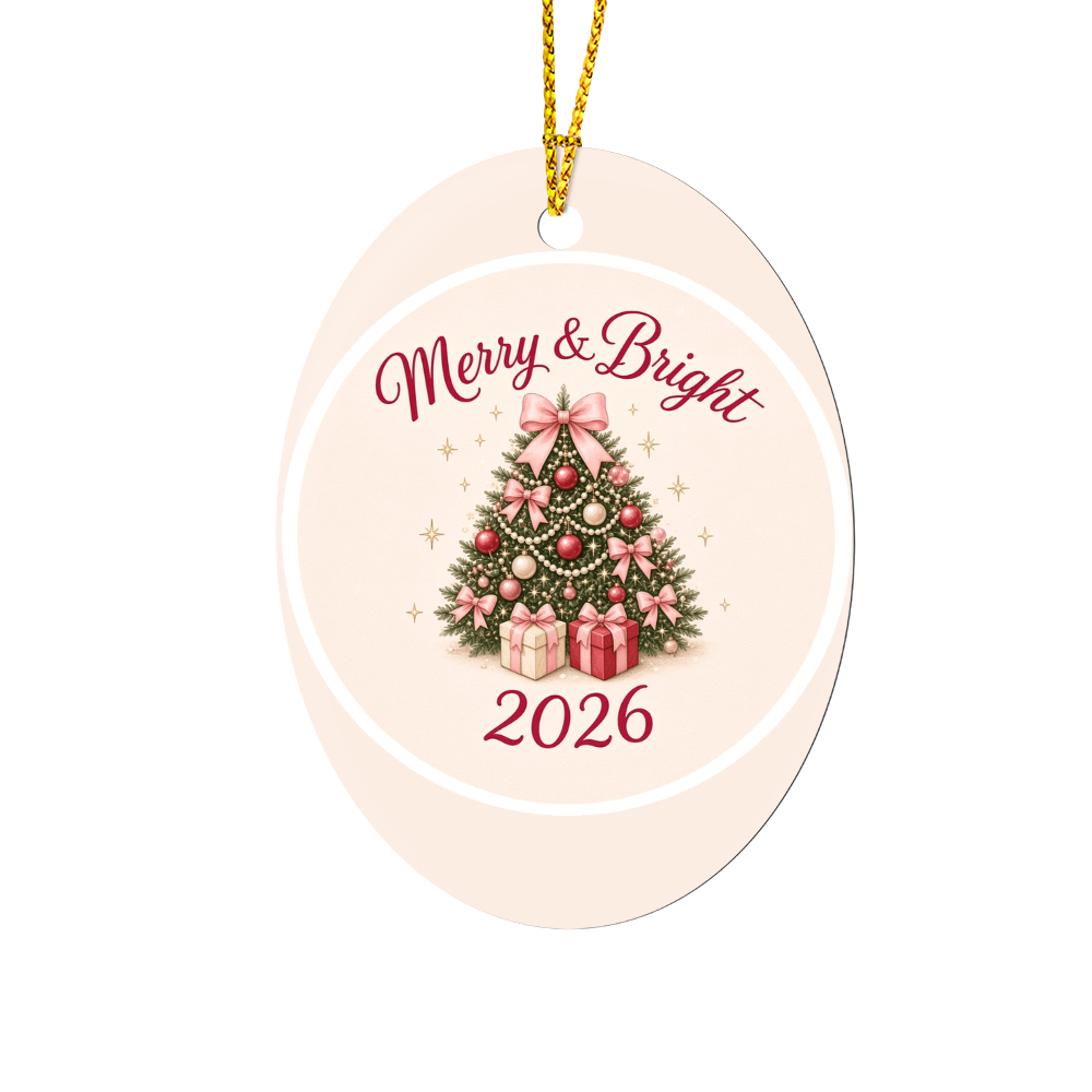 Merry & Bright 2026 pink Christmas tree keepsake ornament, high gloss oval with gold cord