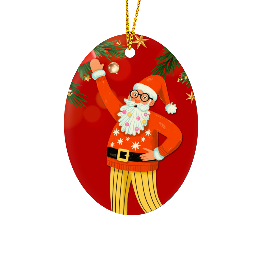 Retro Santa high gloss Christmas ornament with gifts and stars