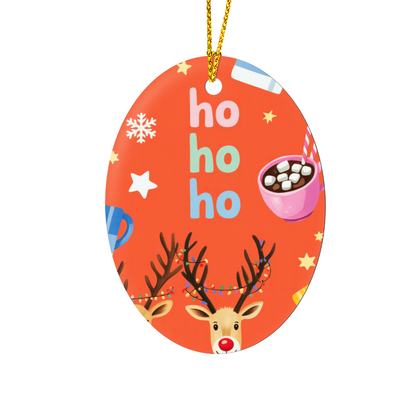 Ho Ho Ho Reindeer Christmas Ornament | Cute Rudolph & Cocoa High Gloss Oval Ornament
