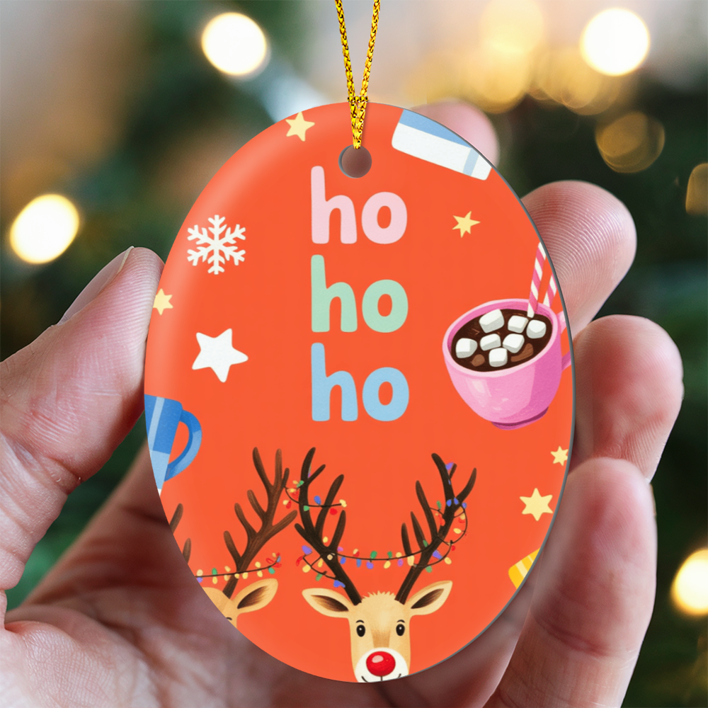 Ho Ho Ho Reindeer Christmas Ornament | Cute Rudolph & Cocoa High Gloss Oval Ornament
