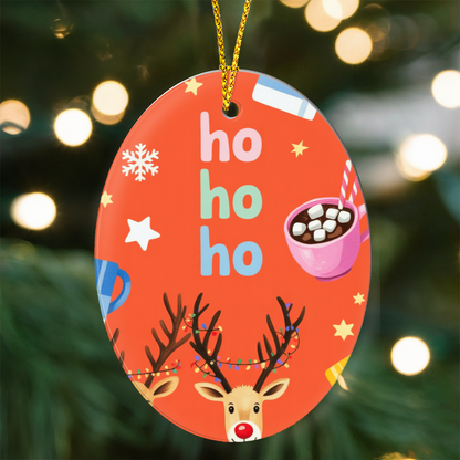 Ho Ho Ho Reindeer Christmas Ornament | Cute Rudolph & Cocoa High Gloss Oval Ornament