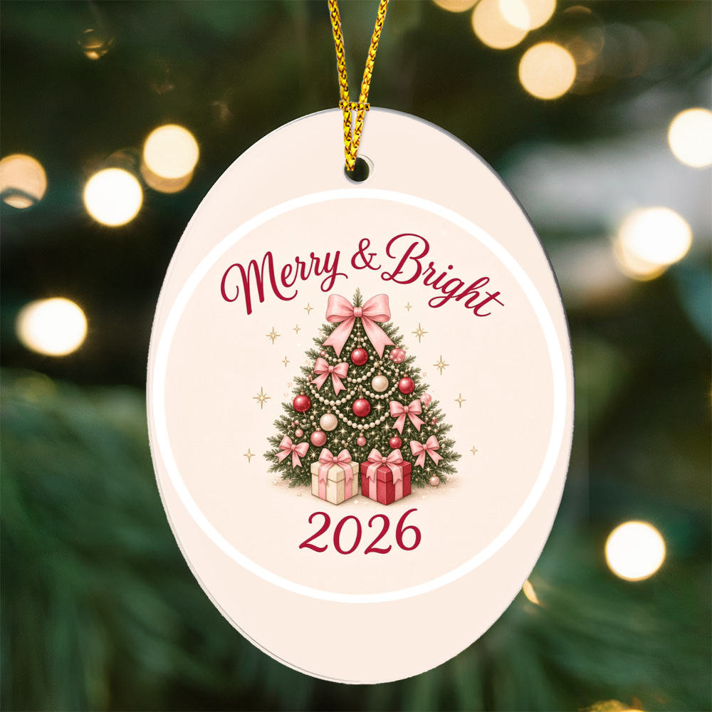 Merry & Bright 2026 high gloss keepsake ornament close-up against twinkling tree lights
