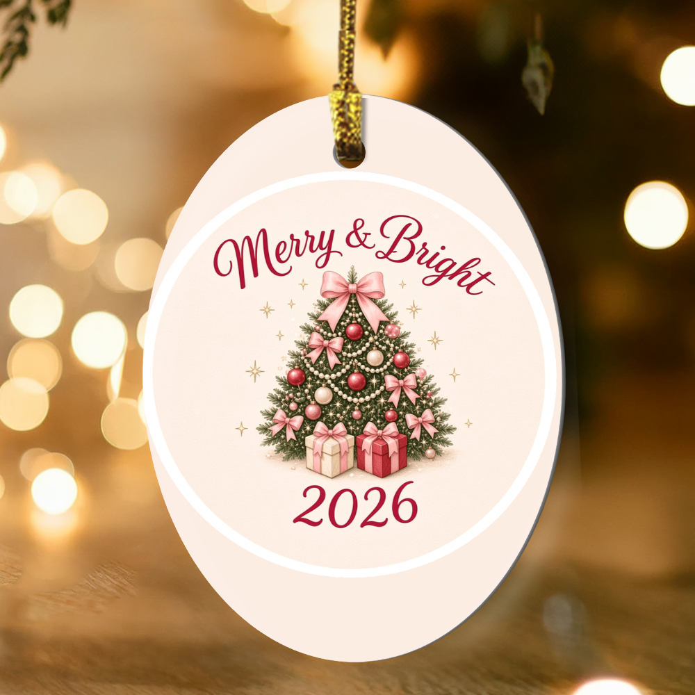 Merry & Bright 2026 keepsake ornament with warm holiday lights
