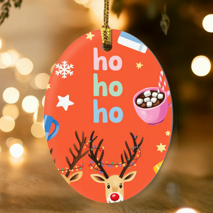 Ho Ho Ho Reindeer Christmas Ornament | Cute Rudolph & Cocoa High Gloss Oval Ornament