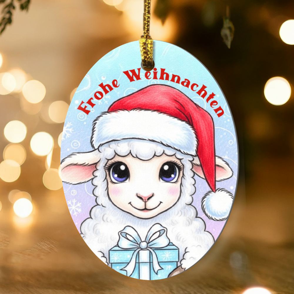 German Christmas oval ornament with lamb holding gift