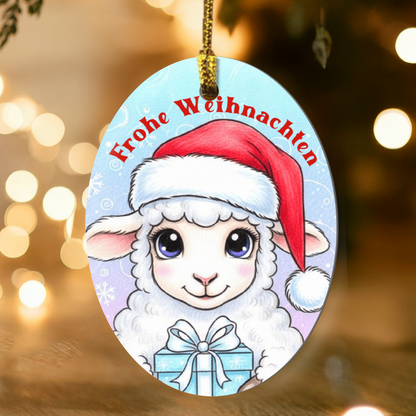 German Christmas oval ornament with lamb holding gift