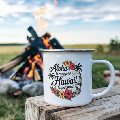 Aloha Hawaii Enamel Camping Mug – 12oz Stainless Steel Adventure Mug with Tropical Hibiscus & Wave Design