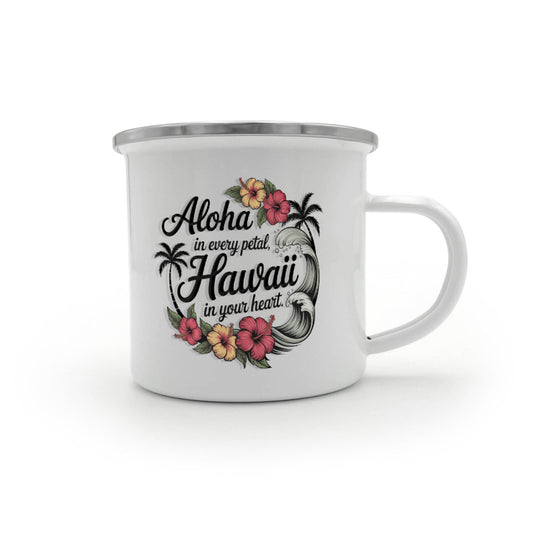 Aloha Hawaii Enamel Camping Mug – 12oz Stainless Steel Adventure Mug with Tropical Hibiscus & Wave Design