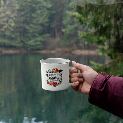 Aloha Hawaii Enamel Camping Mug – 12oz Stainless Steel Adventure Mug with Tropical Hibiscus & Wave Design