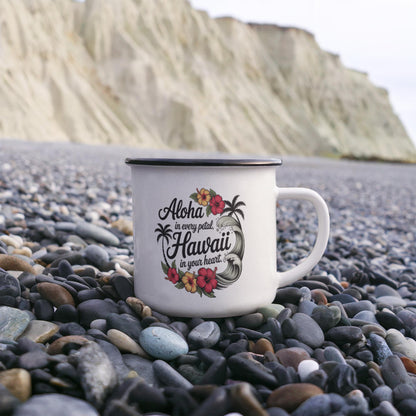 Aloha Hawaii Enamel Camping Mug – 12oz Stainless Steel Adventure Mug with Tropical Hibiscus & Wave Design