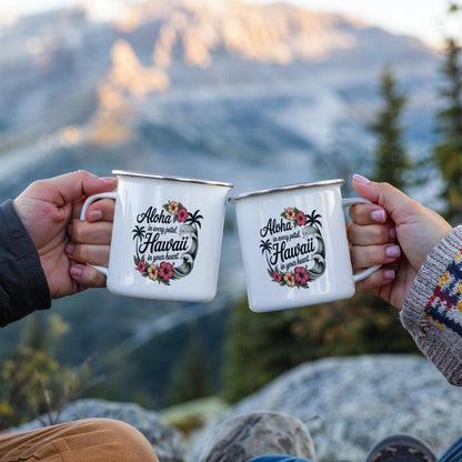 Aloha Hawaii Enamel Camping Mug – 12oz Stainless Steel Adventure Mug with Tropical Hibiscus & Wave Design
