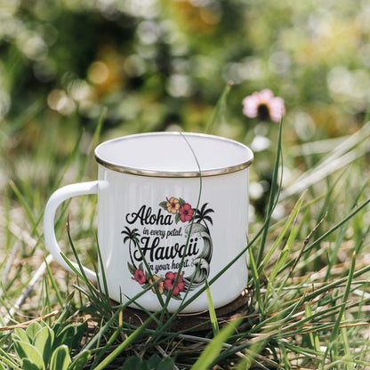 Aloha Hawaii Enamel Camping Mug – 12oz Stainless Steel Adventure Mug with Tropical Hibiscus & Wave Design