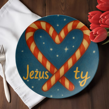 Jezus ♥ Ty: Christmas Plate – Polish Christian Holiday Decor | Candy Cane Heart Nativity-Themed Dinner Plate