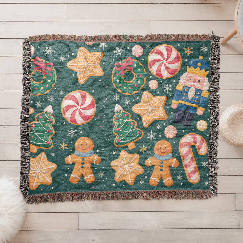 Christmas Pattern Heirloom Woven Blanket | Gingerbread & Nutcracker Holiday Throw