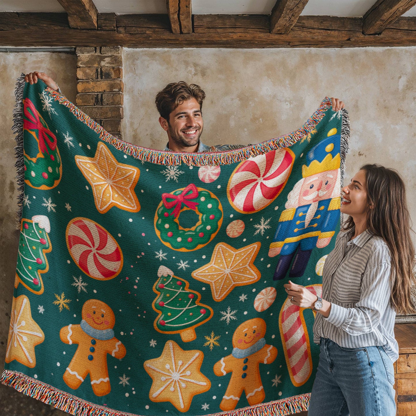 Christmas Pattern Heirloom Woven Blanket | Gingerbread & Nutcracker Holiday Throw