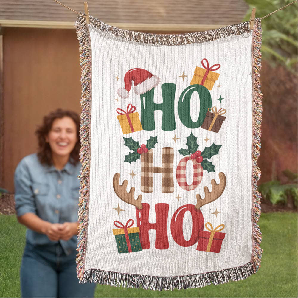 Ho Ho Ho Christmas Heirloom Woven Blanket – Festive Holiday Throw