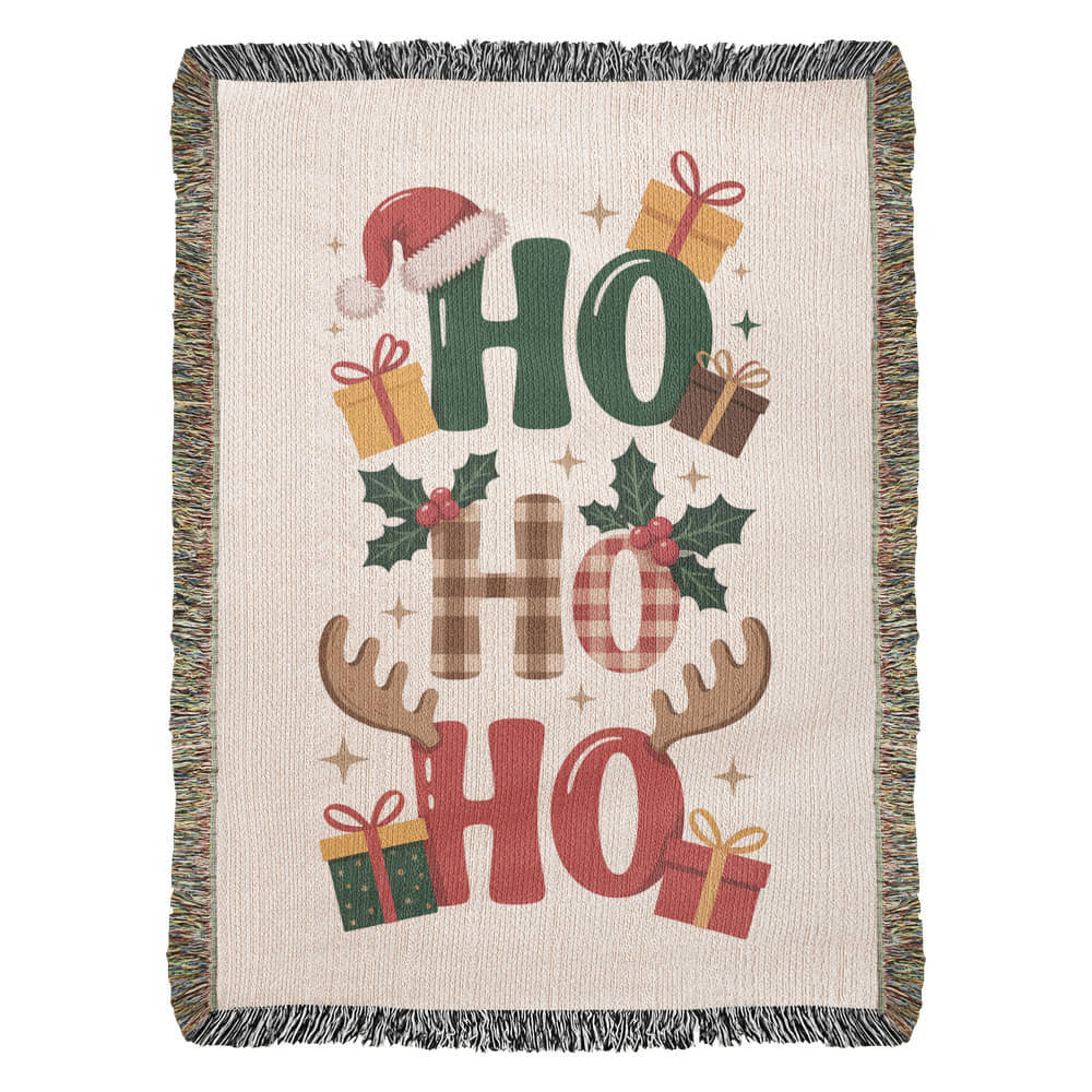 Ho Ho Ho Christmas Heirloom Woven Blanket flat lay