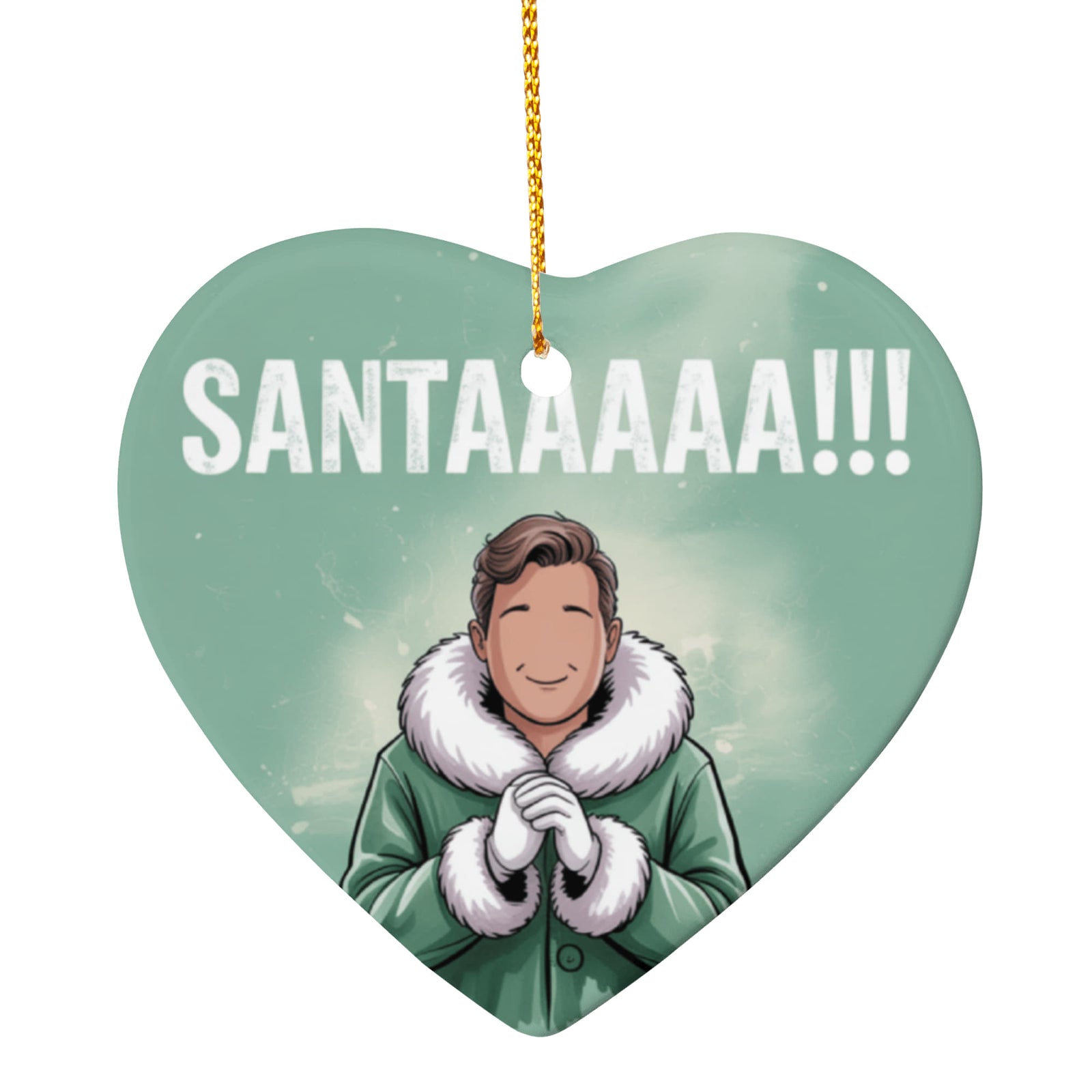 “SANTAAAAA!!!” ceramic heart ornament close-up