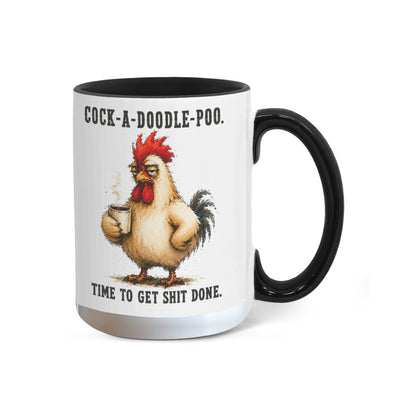 Cock-A-Doodle-Poo Funny Rooster Mug, 15 oz Color Accent Coffee Cup | Quinnlyn & Co.