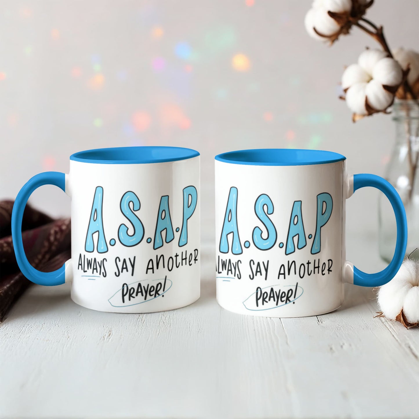 “A.S.A.P” mug shown with steaming coffee on cozy tabletop