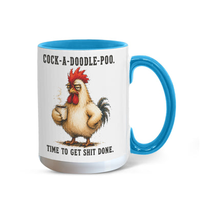 Cock-A-Doodle-Poo Funny Rooster Mug, 15 oz Color Accent Coffee Cup | Quinnlyn & Co.