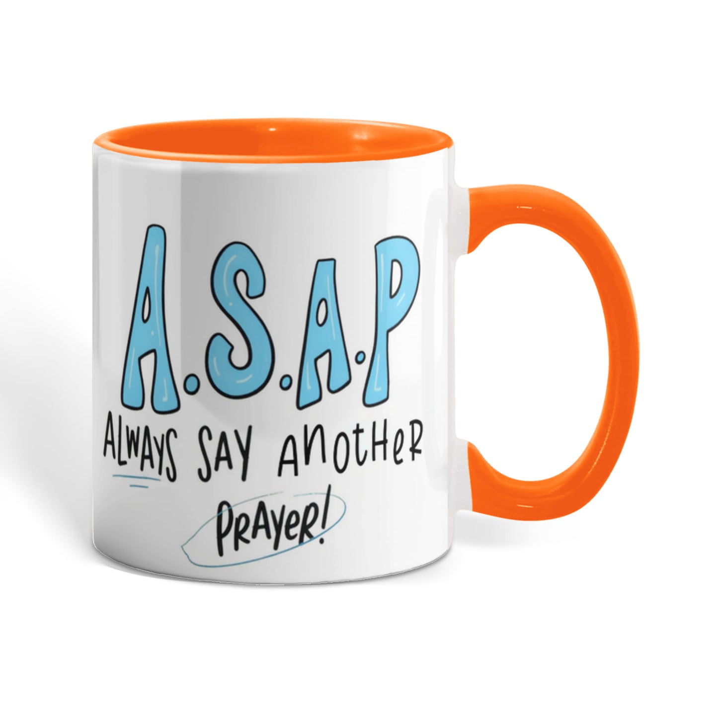 Inspirational prayer mug displayed beside Bible and journal