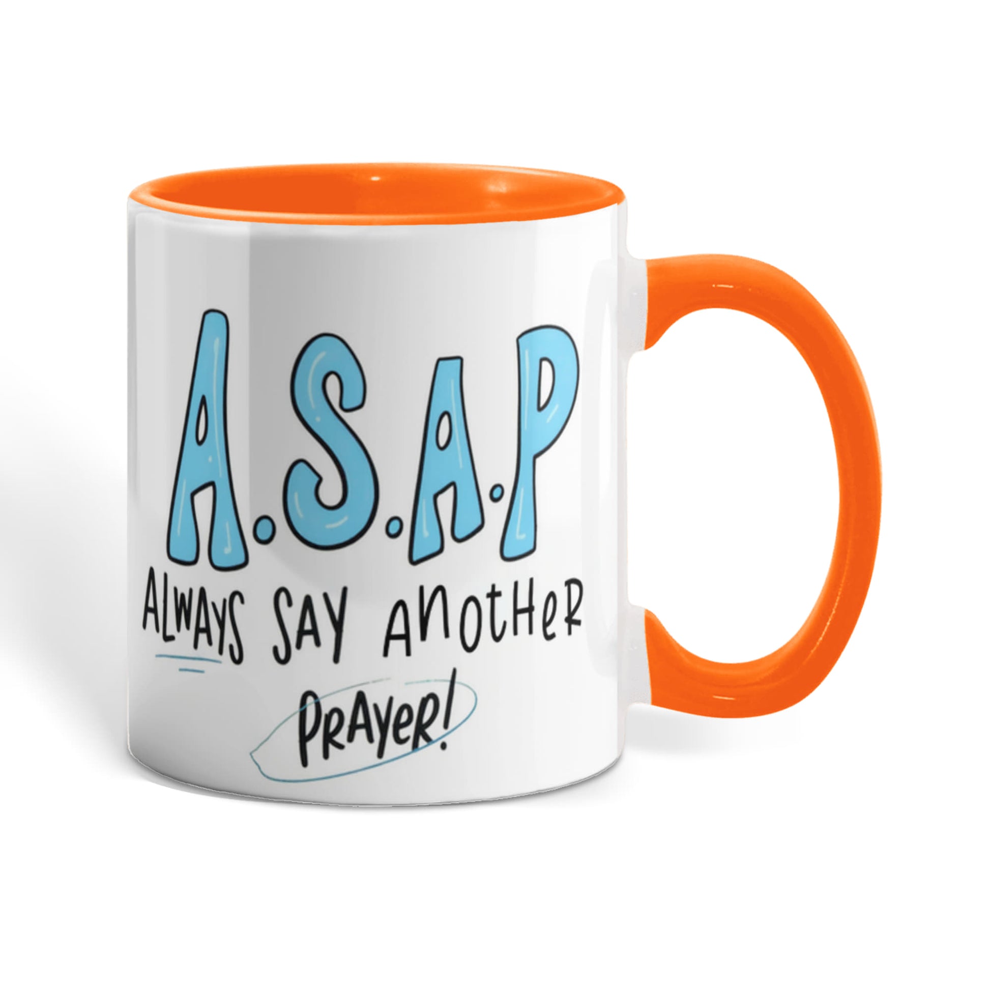 Inspirational prayer mug displayed beside Bible and journal