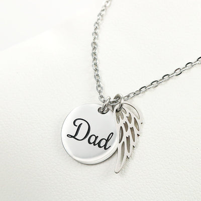 Memorial necklace with angel wing and “Dad” pendant