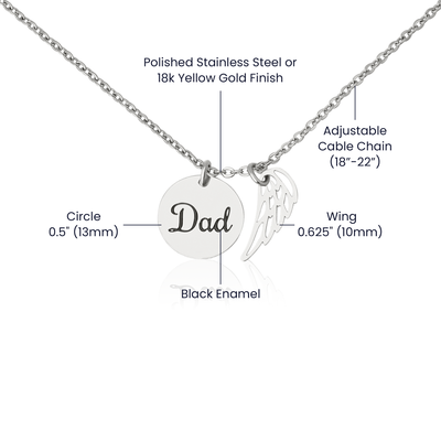 Memorial necklace with angel wing and “Dad” pendant