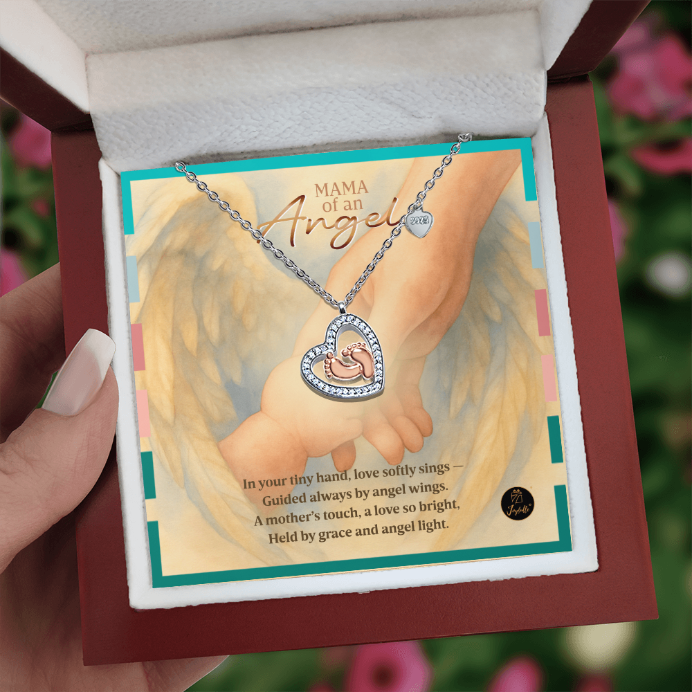 Baby Feet Heart Necklace – Mama of an Angel Memorial Gift | Miscarriage & Infant Loss Jewelry with Sympathy Message Card