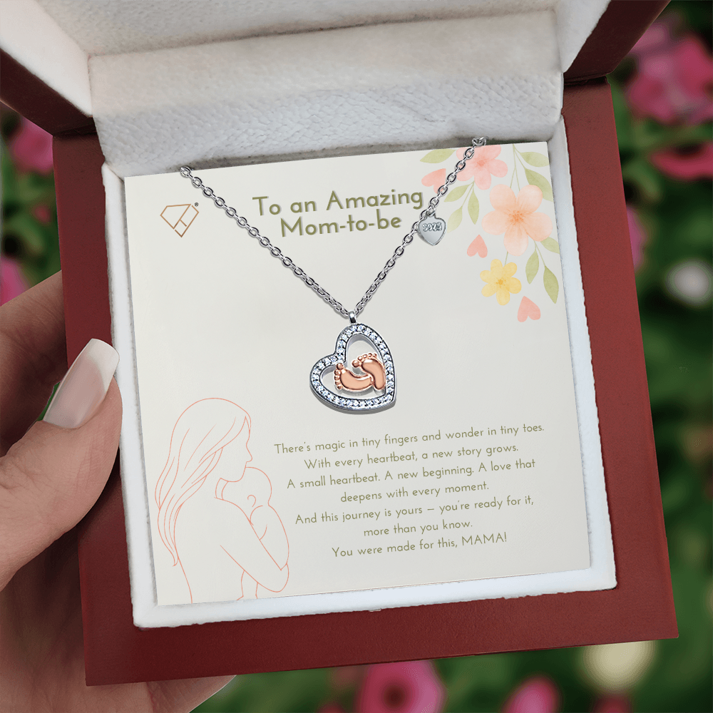 Baby Feet Heart Necklace – Mom-to-Be Gift | New Mom Pregnancy Jewelry with Message Card | Baby Shower Gift for Expecting Moms