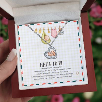 Baby Feet Heart Necklace – Mama To Be Gift with Baby Clothes & Teddy Bear Message Card | Pregnancy Necklace for Expecting Moms