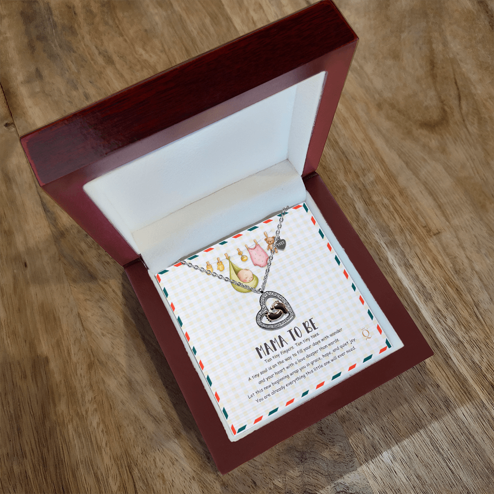 Baby Feet Heart Necklace – Mama To Be Gift with Baby Clothes & Teddy Bear Message Card | Pregnancy Necklace for Expecting Moms