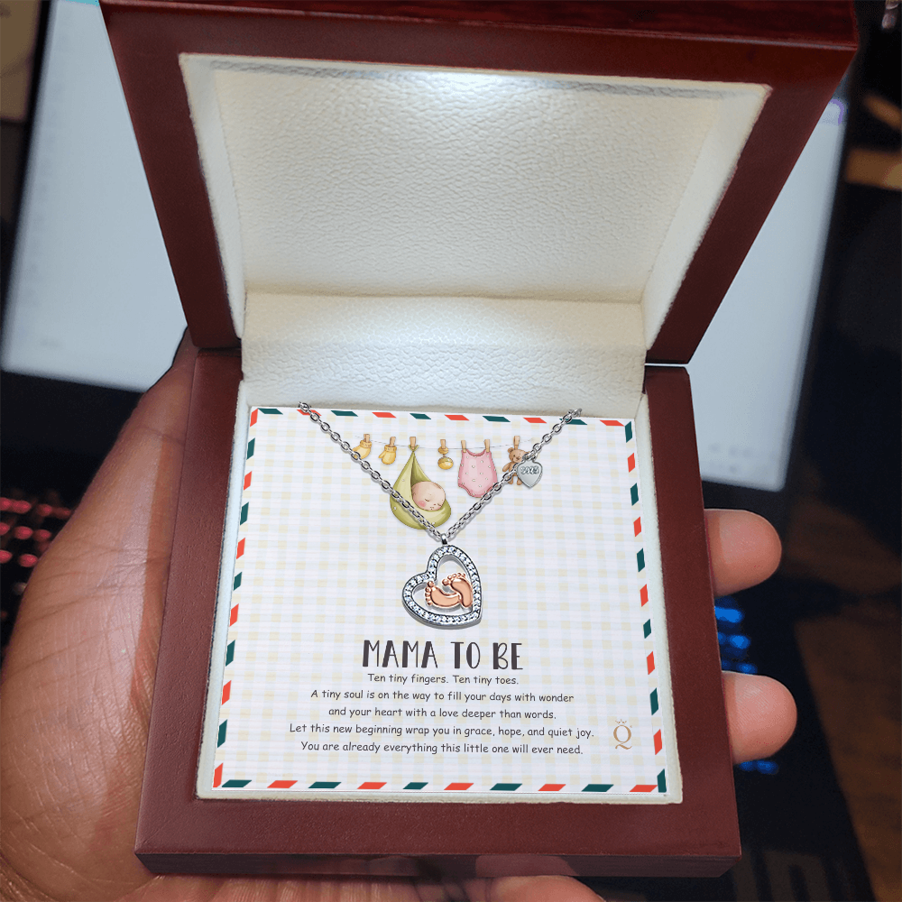 Baby Feet Heart Necklace – Mama To Be Gift with Baby Clothes & Teddy Bear Message Card | Pregnancy Necklace for Expecting Moms