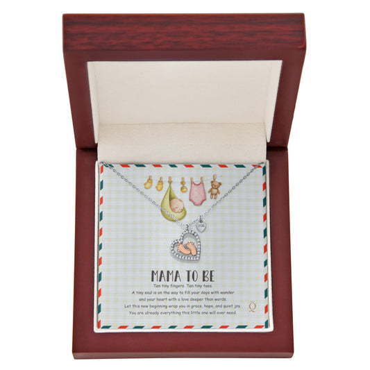 Baby Feet Heart Necklace – Mama To Be Gift with Baby Clothes & Teddy Bear Message Card | Pregnancy Necklace for Expecting Moms