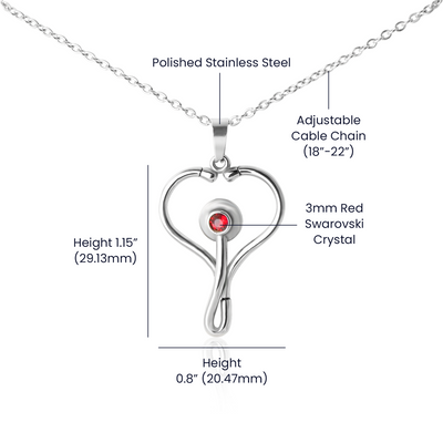 Stethoscope necklace dimensions and stainless-steel, red-crystal and adjustable-chain details